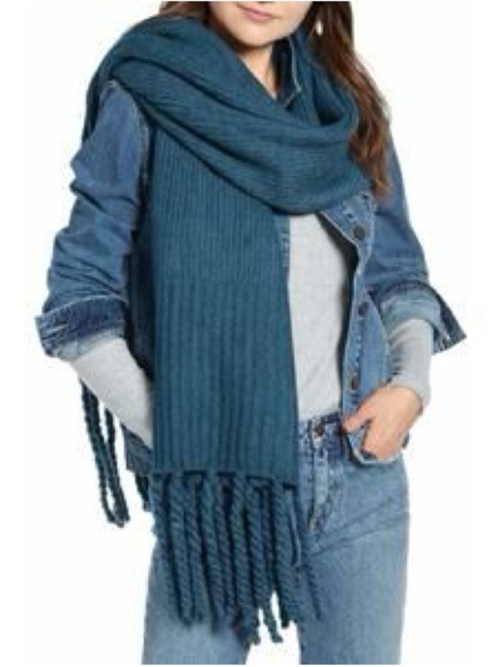 Free People Jaden Ribbed Fringe Blanket Scarf - Teal